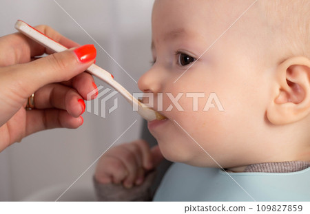 Mother feeds baby boy vegetable puree from a spoon. Feeding children 7 months. Close-up 109827859