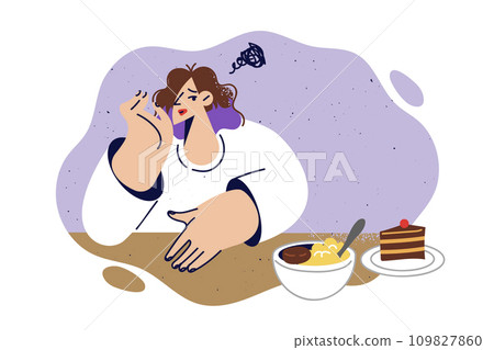 Woman feels absence of appetite sitting at table with food, for concept anorexia and bulimia 109827860