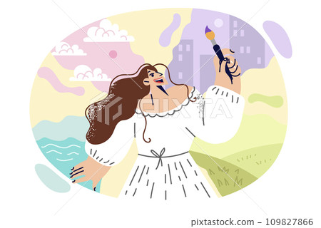 Woman artist paints world around herself, holding brush and standing near beautiful nature and city 109827866