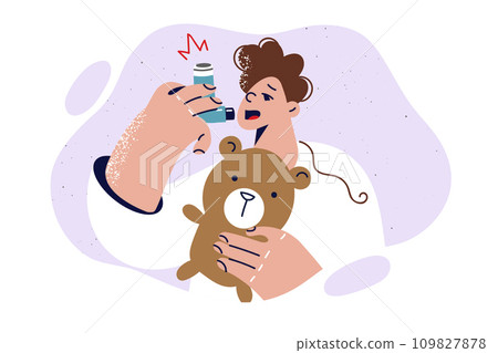 Little boy uses inhaler to fight asthma attack or inflammation of pneumonia and holds teddy bear 109827878