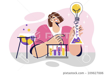 Woman chemist conducts scientific experiments holding test tubes with reagents sitting in laboratory 109827886