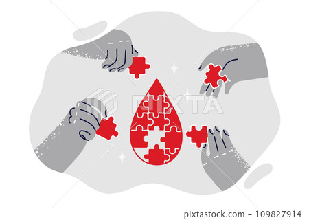 Puzzle in shape of drop of blood with people hands calling attention to international donor day Puzzle in shape of drop of blood with people hands calling attention to international donor day 109827914