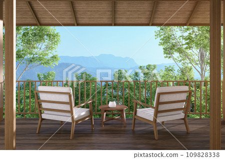 Modern contemporary wooden terrace overlooking nature view 3d render Modern contemporary wooden terrace overlooking nature view 3d render 109828338