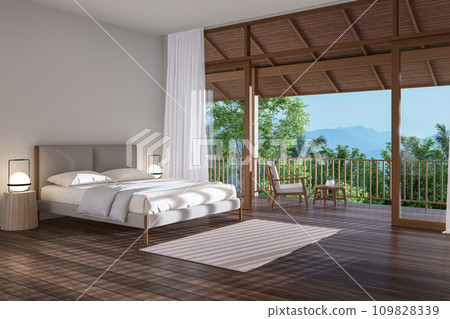Modern contemporary bedroom overlooking wooden terrace and nature view 3d render Modern contemporary bedroom overlooking wooden terrace and nature view 3d render 109828339