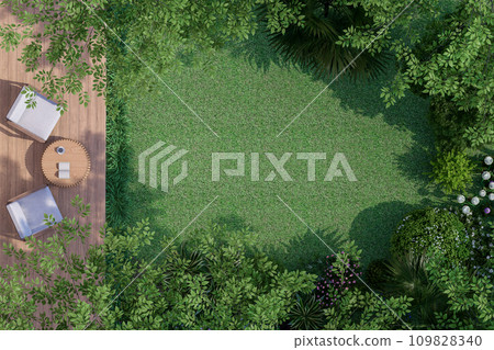 Top view wooden terrace with tropical style garden 3d render 109828340