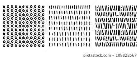 Small dash pattern Dotted lines texture. Black and white vector hatching doodle organic shapes. Short line dashes Brush hand drawn random strokes Fashion simple graphic retro print design Illustration 109828567