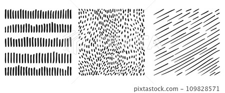 Small dash pattern Dotted lines texture. Black and white vector hatching doodle organic shapes. Short line dashes Brush hand drawn random strokes Fashion simple graphic retro print design Illustration 109828571