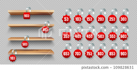 Store shelves with supermarket promotional wobblers. Wooden product shelf and advertising wobbler with percent discount. Grocery wall rack. Sale label, special offer price tag. Vector illustration Store shelves with supermarket promotional wobblers. Wooden product shelf and advertising wobbler with percent discount. Grocery wall rack. Sale label, special offer price tag. Vector illustration 109828631