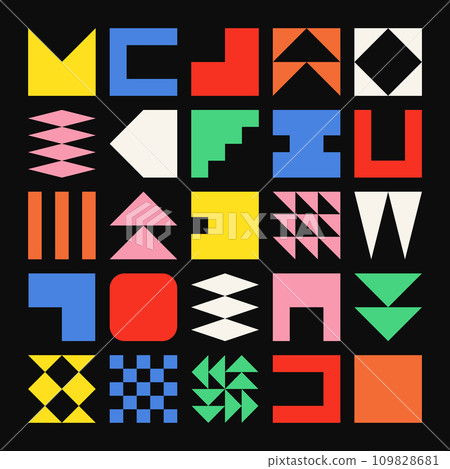 Brutalist geometric shapes, colorful symbols. Simple primitive elements and forms. Bauhaus retro design, trendy contemporary minimalist style. Vector illustration 109828681