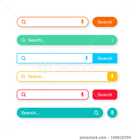 Colorful search bar templates. Internet browser engine with search box, address bar and text field. UI design, website interface element with web icons and push button. Vector illustration 109828704