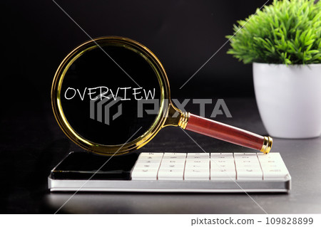 OVERVIEW text seen with a magnifying glass on a black background 109828899