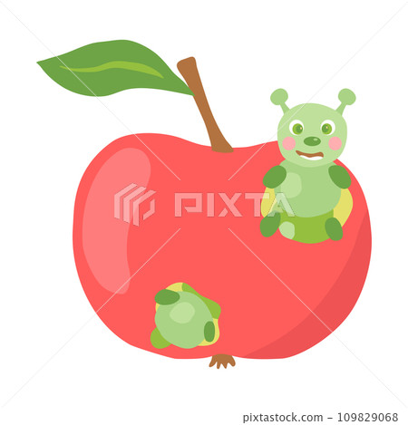 Ripe red apple with cute caterpillar, funny kids design element, vector 109829068