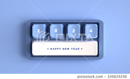 3D Rendering. Happy new year on the cute keyboard with blue smooth tone. 3D Rendering. Happy new year on the cute keyboard with blue smooth tone. 109829298