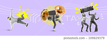 Banner. Contemporary art collage. Talented creative people playing and listening music and dancing against purple background. 109829379