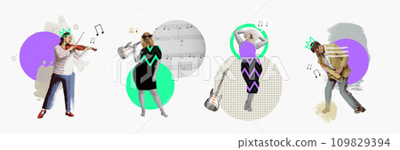 Banner. Contemporary art collage. Talented people, man and woman with dog faces playing on musical instruments violin, guitar and sax. Banner. Contemporary art collage. Talented people, man and woman with dog faces playing on musical instruments violin, guitar and sax. 109829394