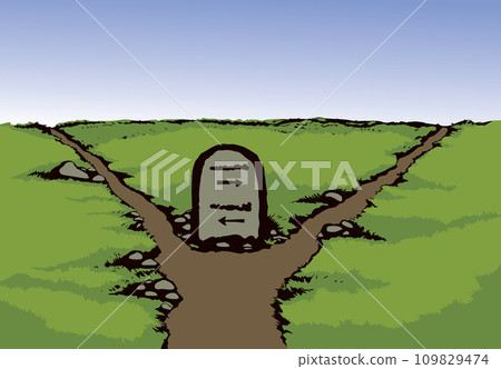 Vector drawing. Stone with an inscription on the crossroads 109829474