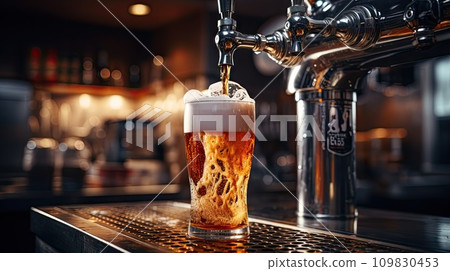 Beer from row of taps filling glas 109830453