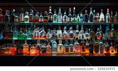bottles of spirits and liquor on bar counter bottles of spirits and liquor on bar counter 109830455