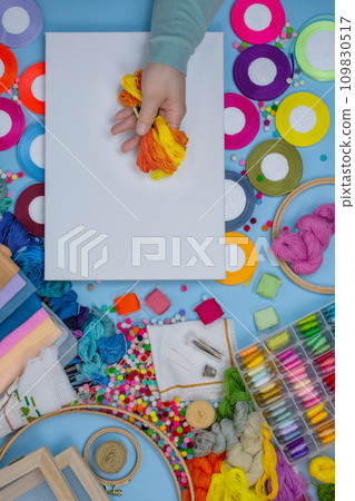 Hand embroidery concept. White blank mockup. Hand embroidery concept. White blank mockup. 109830517