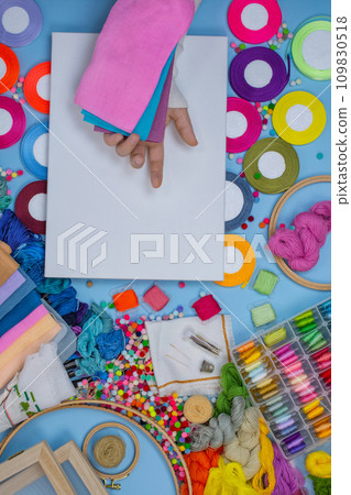 Hand embroidery concept. White blank mockup. Hand embroidery concept. White blank mockup. 109830518