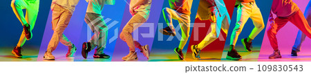 Collage made of cropped portraits of talented dancers, make smooth body movements with legs and arms in neon light. Collage made of cropped portraits of talented dancers, make smooth body movements with legs and arms in neon light. 109830543