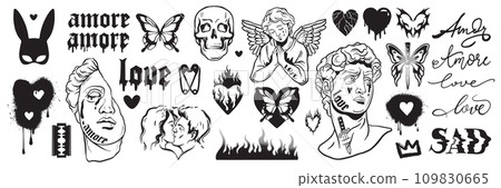 Y2k love tattoo sticker set, vector gothic heart icon, 90s vintage glam Valentine Day sign, angel.  109830665