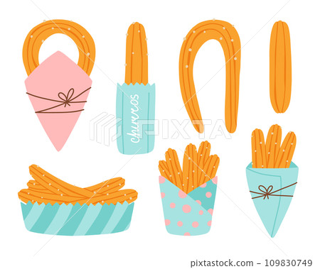 Set of churros in paper bags. Collection of Mexican churros. Vector illustration in flat hand drawn style. 109830749