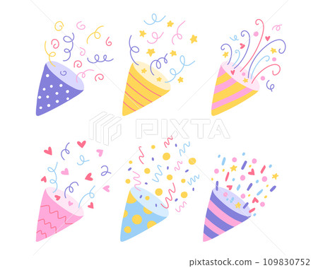 Party Confetti Popper Set. Collection of Isolated confetti, explosion, firecracker, celebration in hand drawn style. Vector illustration. Party Confetti Popper Set. Collection of Isolated confetti, explosion, firecracker, celebration in hand drawn style. Vector illustration. 109830752