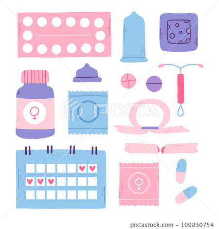 Types of contraception. Pills, calendar, patch, condom and coil. Vector illustration in a flat style. Poster with contraception. World contraception day. Methods of contraception. 109830754