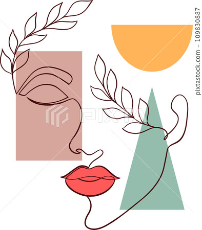 Female face in minimal art line style with geometric shapes.. Creative illustration in line art style. Female face in minimal art line style with geometric shapes.. Creative illustration in line art style. 109830887