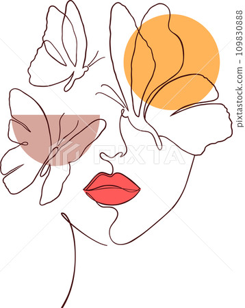 Female face in minimal art line style with geometric shapes. Creative illustration in line art style. 109830888