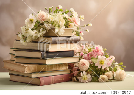 Stack of books adorned with fresh flowers. Concept of relaxation and reading. Generative AI Stack of books adorned with fresh flowers. Concept of relaxation and reading. Generative AI 109830947