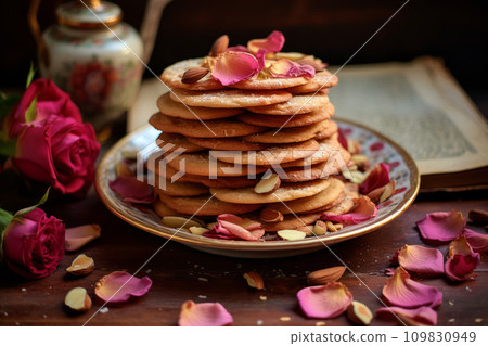 Stack of cookies on a floral plate with scattered rose petals and cardamom. Generative AI Stack of cookies on a floral plate with scattered rose petals and cardamom. Generative AI 109830949