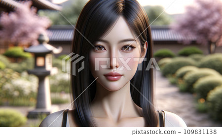 站在日本花園裡的一位美麗的日本女人 109831138