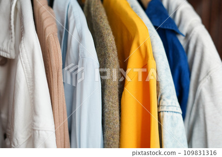 Clothing hanging on a clothing rack in a shop or home closet 109831316