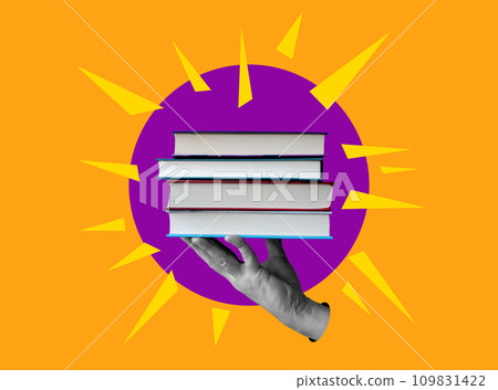 Hand holds books. Collage about knowledge, information and learning. Hand holds books. Collage about knowledge, information and learning. 109831422