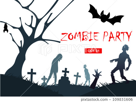 Halloween invitation. Zombie party. Spooky graveyard landscape. Bare trees. October holiday. Creepy cemetery silhouette. Grave tombstones. Undead corpses. Black bats. Vector banner design Halloween invitation. Zombie party. Spooky graveyard landscape. Bare trees. October holiday. Creepy cemetery silhouette. Grave tombstones. Undead corpses. Black bats. Vector banner design 109831606