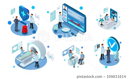 Isometric doctors. Healthcare and medicine. Online appointment. Medical clinic consultation. Web app. Health insurance. Patient in hospital. Digital technology. Vector concepts set 109831614