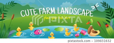 Farm landscape. Cute farming animals. Ducks family swimming in pond. Green grass meadow and forest. Cartoon yellow ducklings. Water lily flowers and reeds. Vector horizontal background 109831632