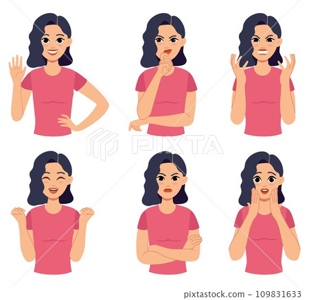 Happy girls. Sad or happy woman avatars. Different face emotion expressions. Hand gestures. Angry female. Cute emoji. Students joy. Cheerful or scared person. Vector cartoon characters set Happy girls. Sad or happy woman avatars. Different face emotion expressions. Hand gestures. Angry female. Cute emoji. Students joy. Cheerful or scared person. Vector cartoon characters set 109831633