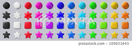 Buttons badge. 3D round pins. Glossy color magnets. Geometric stickers. Blank labels. Web frame or plastic disc. Bright star icons. Circles and squares. Vector mockup flat shapes set 109831643