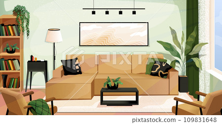 Room interior. Home furniture. House windows with curtains. Cozy sofa and armchair. Scandinavian modern decor. Plants in flowerpots. Wooden bookcase. Picture at wall. Vector flat design 109831648