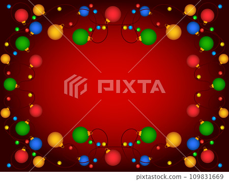 Christmas light frame. Festive frame with Christmas glowing garland and place for text. LED Christmas tree lights. Xmas design for invitation and greeting card. Vector illustration Christmas light frame. Festive frame with Christmas glowing garland and place for text. LED Christmas tree lights. Xmas design for invitation and greeting card. Vector illustration 109831669
