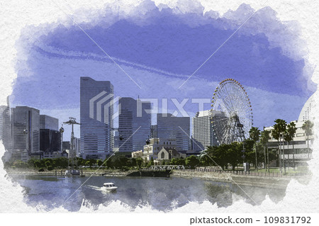 水彩風格橫濱港未來皇后塔與摩天輪神奈川縣橫濱市 109831792