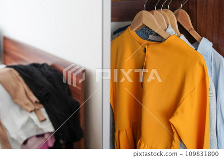 Brightly colored clothes on hangers in the closet. Decluttering the cabinet 109831800