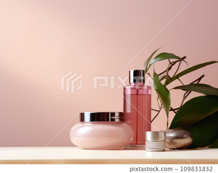 AI-generated content. A group of cosmetics on a table. peach background. 109831832