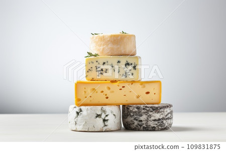AI-generated content. A Variety of Cheeses Stacked High 109831875
