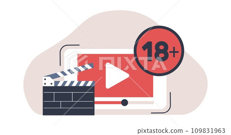 Restricting video viewing to age eighteen plus. Movie only for adults. 18 sign. Censored explicit content. Parental protection. Cartoon flat isolated illustration. Vector censorship concept Restricting video viewing to age eighteen plus. Movie only for adults. 18 sign. Censored explicit content. Parental protection. Cartoon flat isolated illustration. Vector censorship concept 109831963
