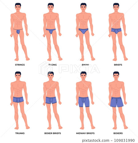 Men underwear on body set. Different types male underpants, popular models presentation, front view, everyday clothes elements, strings, thong and bikini. Briefs and boxers. Vector concept 109831990