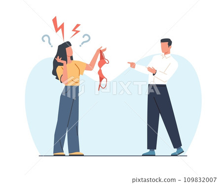 Indignant woman holds bra in her hand and says something to man. Wife found another girl underwear. Adultery people. Treason and partner deception, cartoon flat isolated vector concept Indignant woman holds bra in her hand and says something to man. Wife found another girl underwear. Adultery people. Treason and partner deception, cartoon flat isolated vector concept 109832007